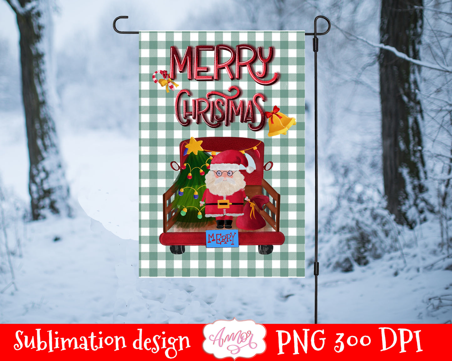 Christmas Garden Flag sublimation design with a cute Santa