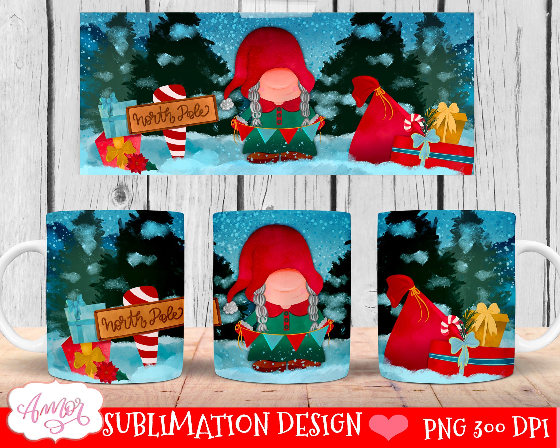 Christmas Gnome mug wrap for sublimation 11oz 15oz mugs