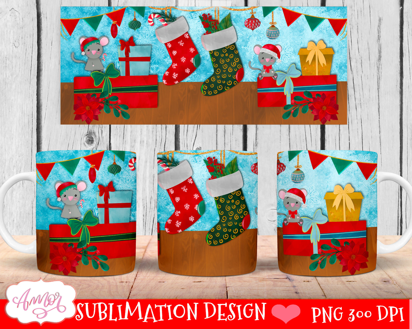 Christmas Stockings design for 11oz and 15oz mug sublimation