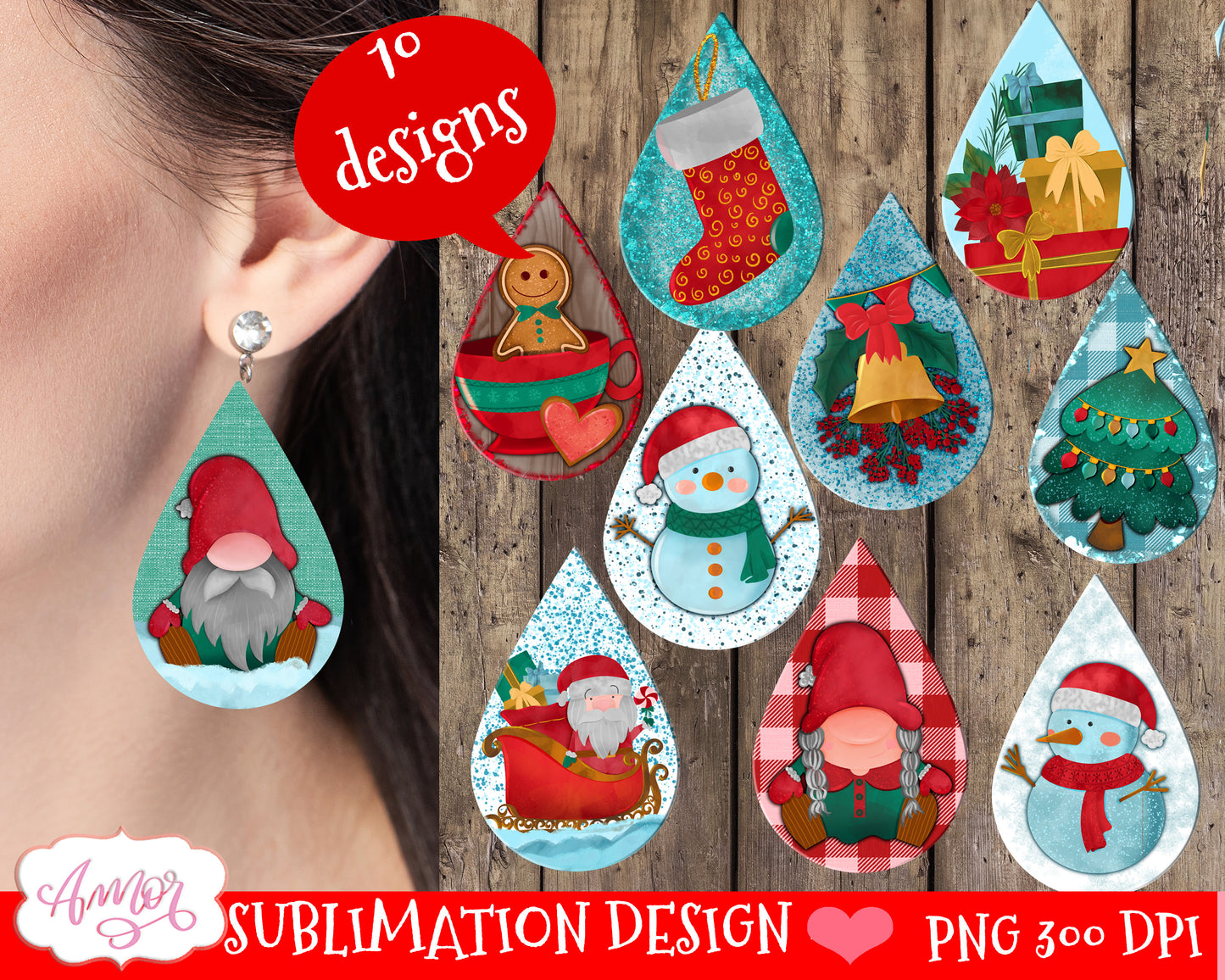 Christmas Teardrop earring sublimation Bundle 10 designs PNG