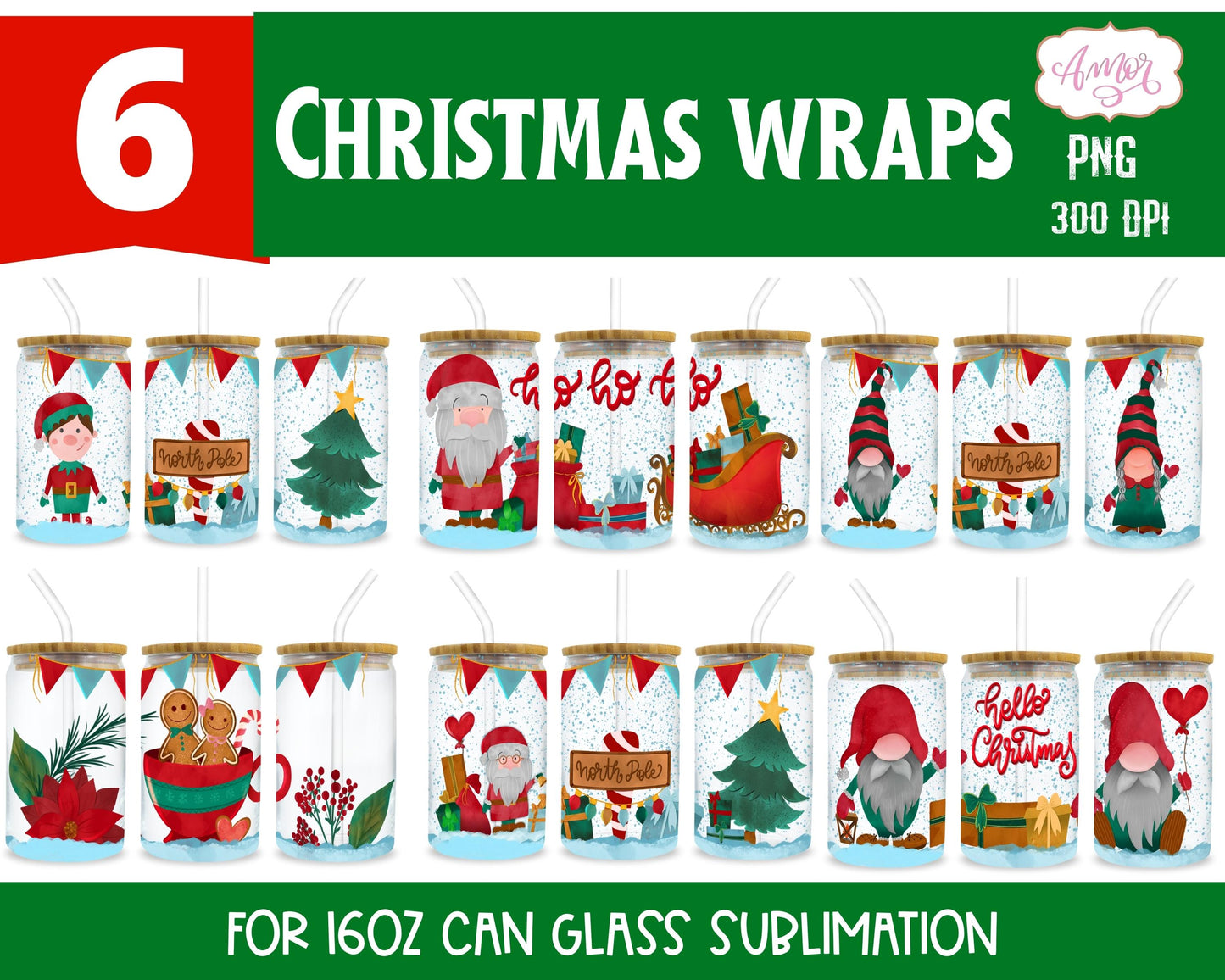 Christmas can glass wrap BUNDLE for sublimation