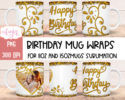 Customizable happy birthday mug wraps PNG for sublimation