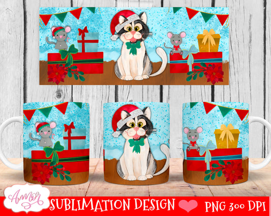 Cute Christmas Cat Mug Wrap PNG for Sublimation