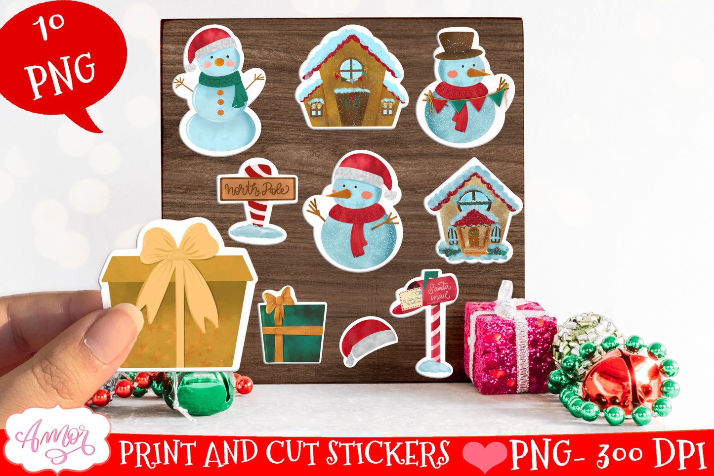Cute Christmas stickers for print then cut on Cricut, 10 PNG