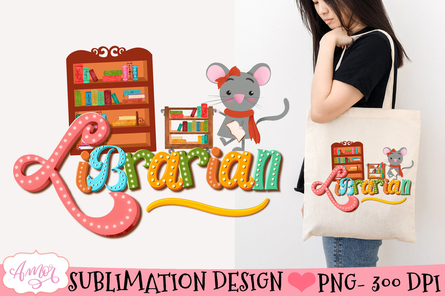 Cute Librarian Sublimation Design PNG for T-shirts and Bags