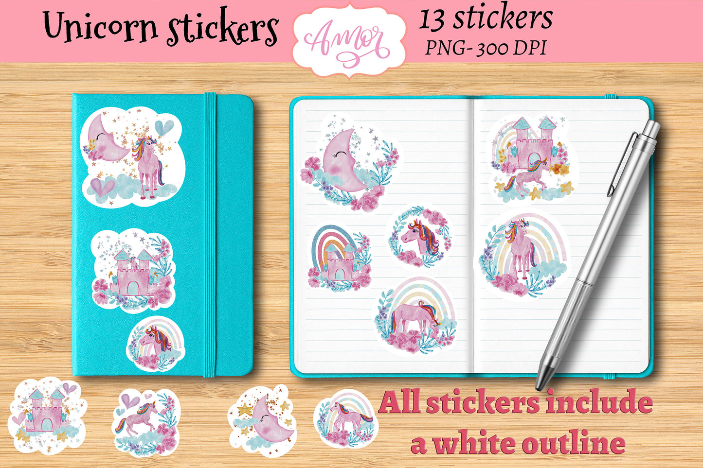 Cute Magical Unicorn Stickers for print then cut