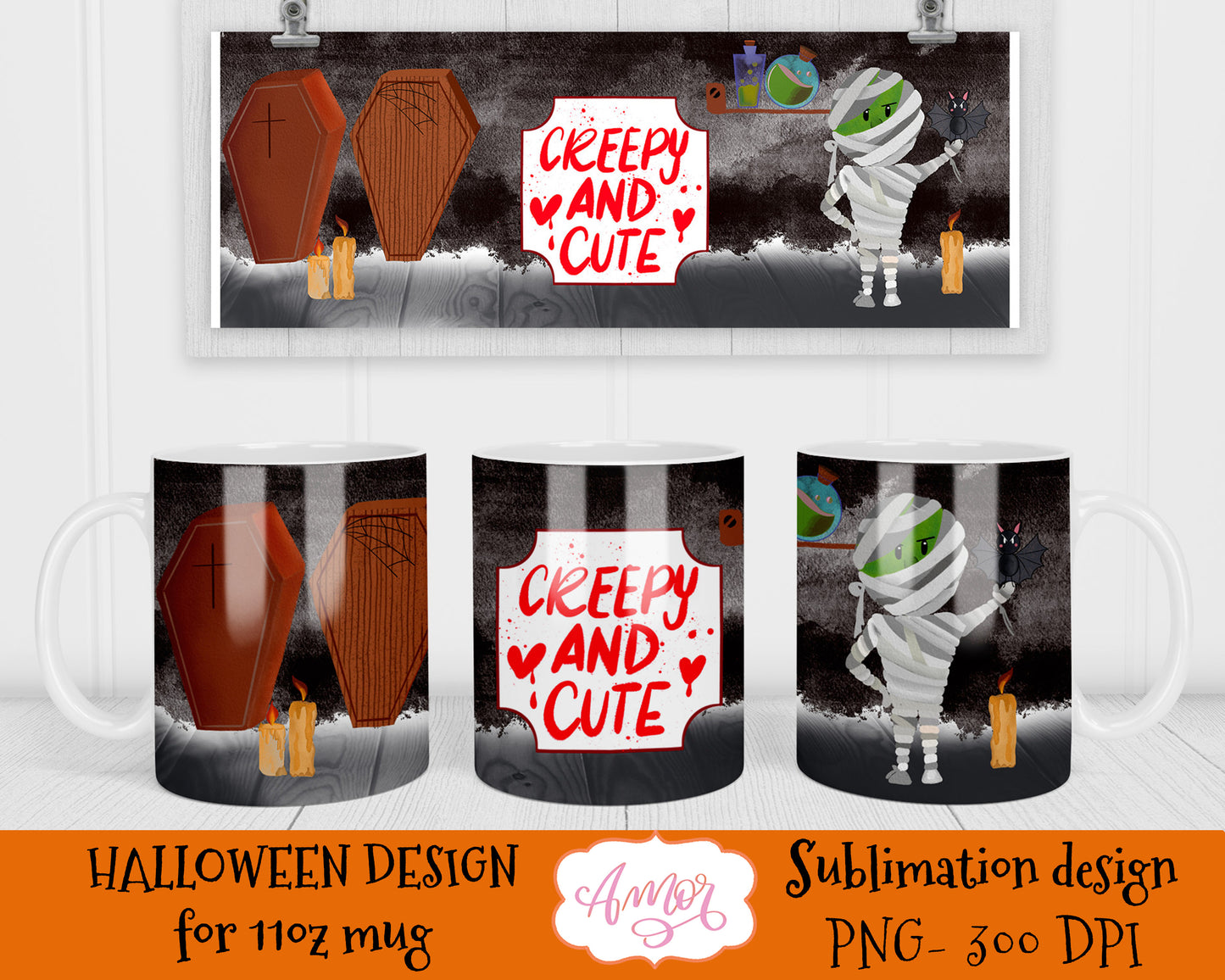 Cute Mummy 11oz mug sublimation template for Halloween
