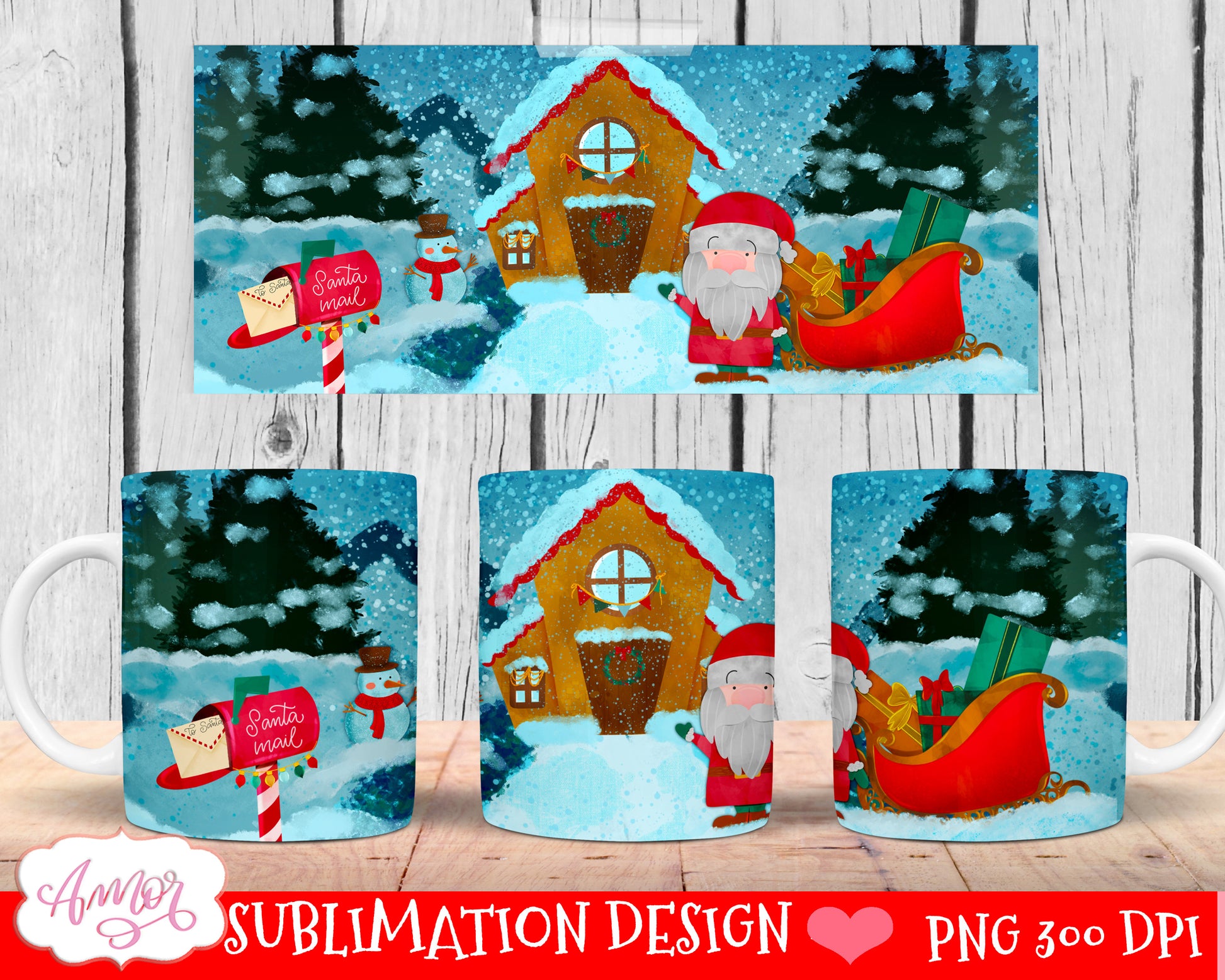 Cute Santa Mug Wrap PNG for Sublimation Winter Christmas