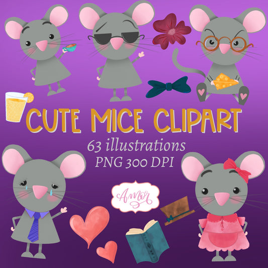 Cute mouse clipart with different emotions and accessories