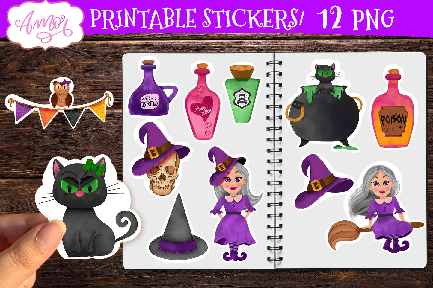 Cute witch stickers for print & cut |Halloween PNG stickers