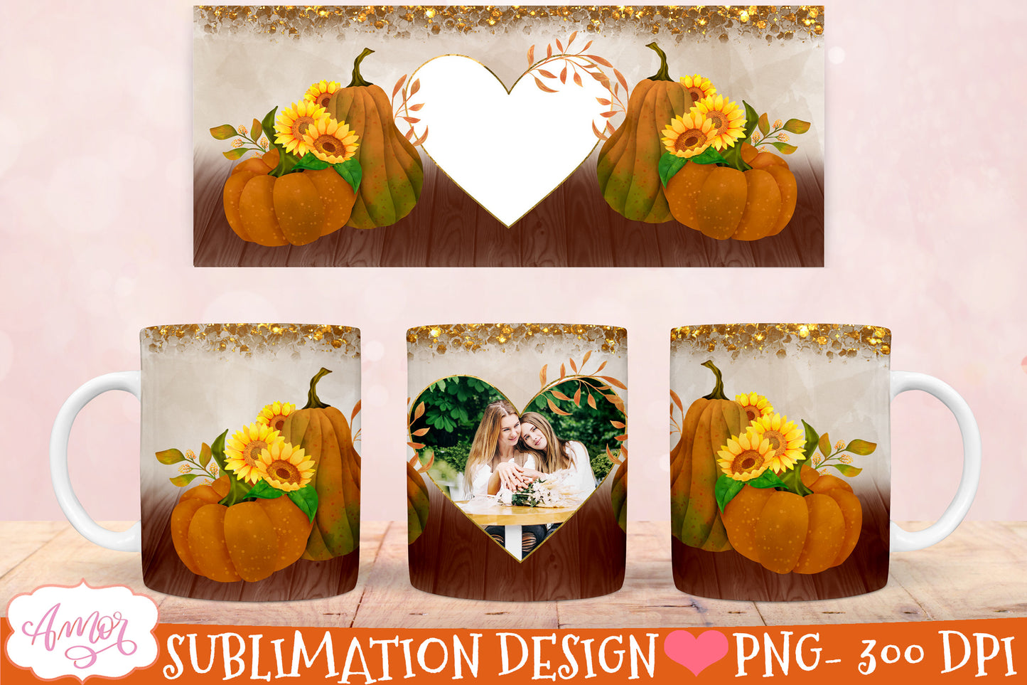 Thanksgiving photo mug wrap for sublimation | 6 fall mug PNG