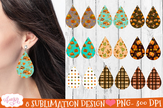 Fall Teardrop earring sublimation Bundle, 8 designs PNG