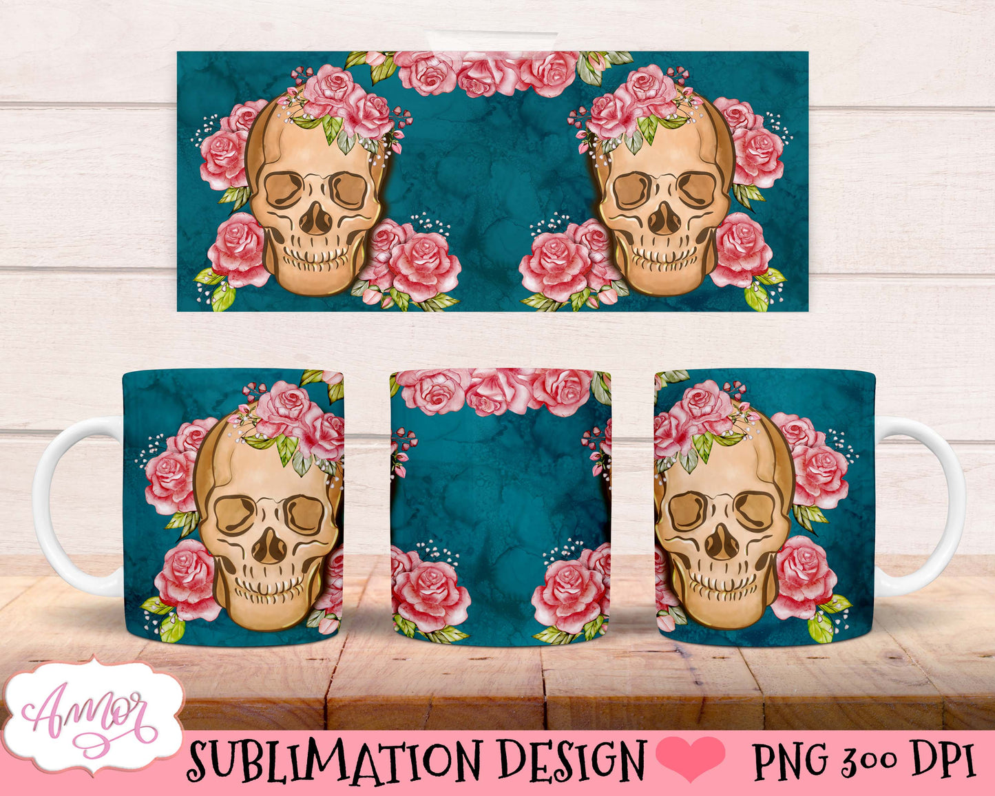 Floral skull mug wrap PNG for sublimation design 11oz 15oz