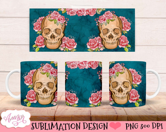 Floral skull mug wrap PNG for sublimation design 11oz 15oz