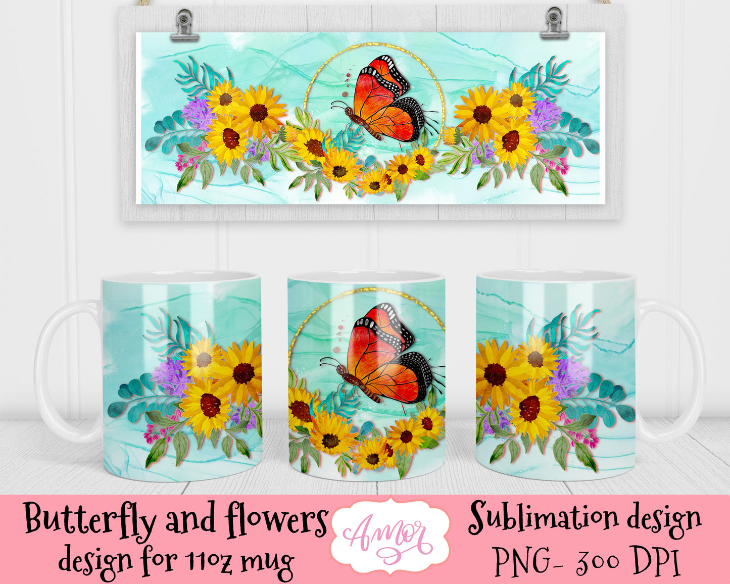 Flowers and Butterfly mug design for sublimation