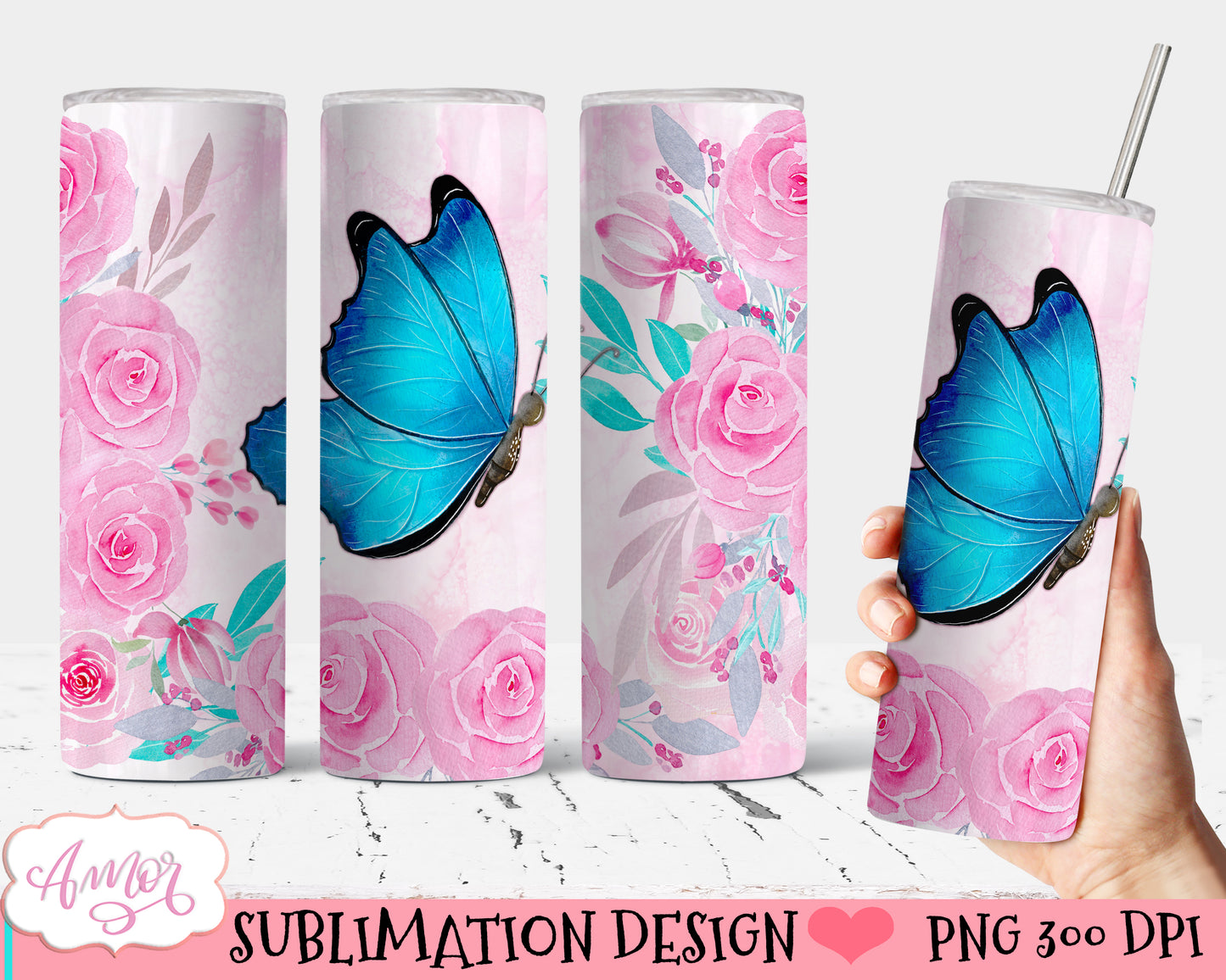 Flowers and butterfly Tumbler wrap PNG for Sublimation