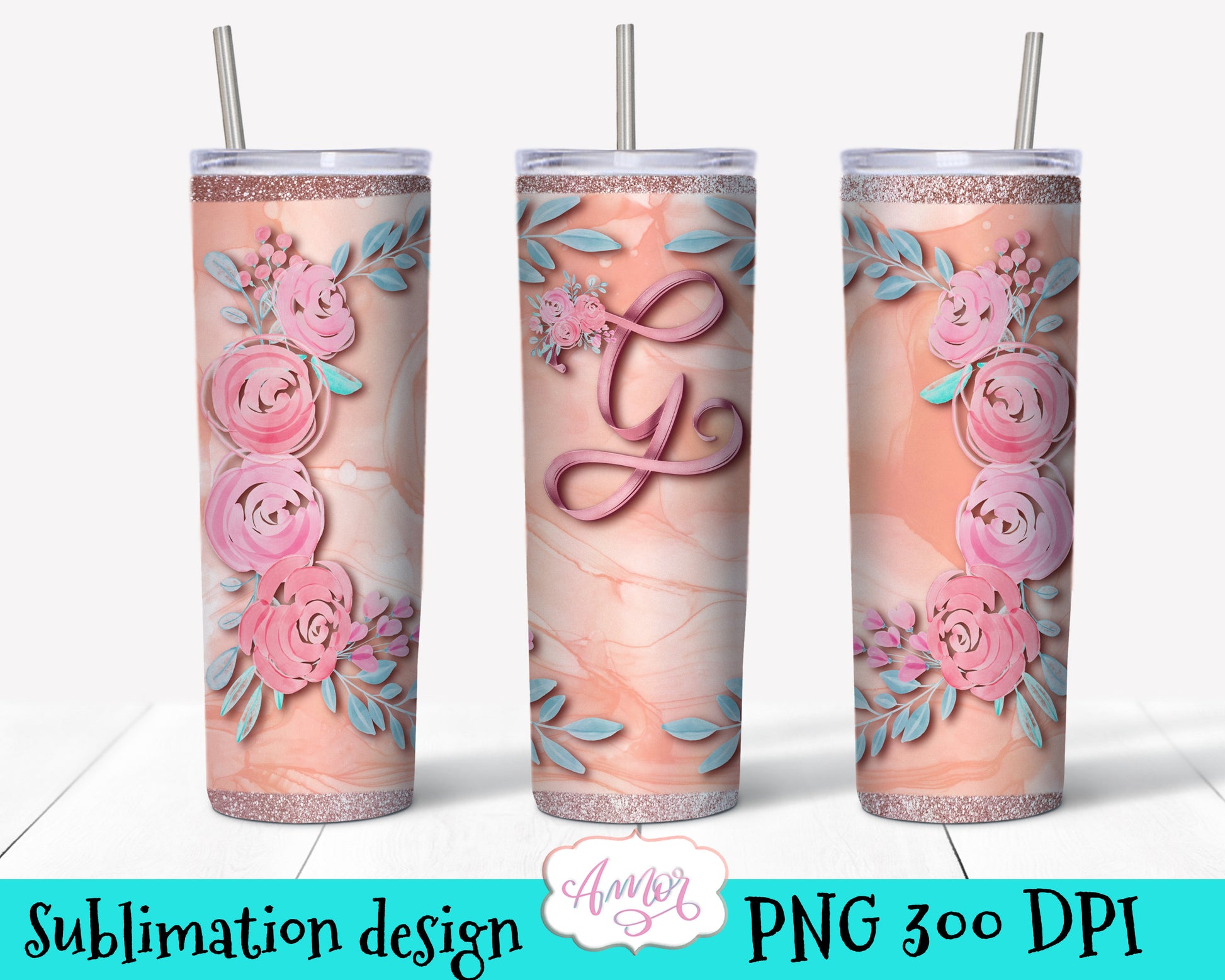 Letter "G" Monogram tumbler wrap PNG design for sublimation