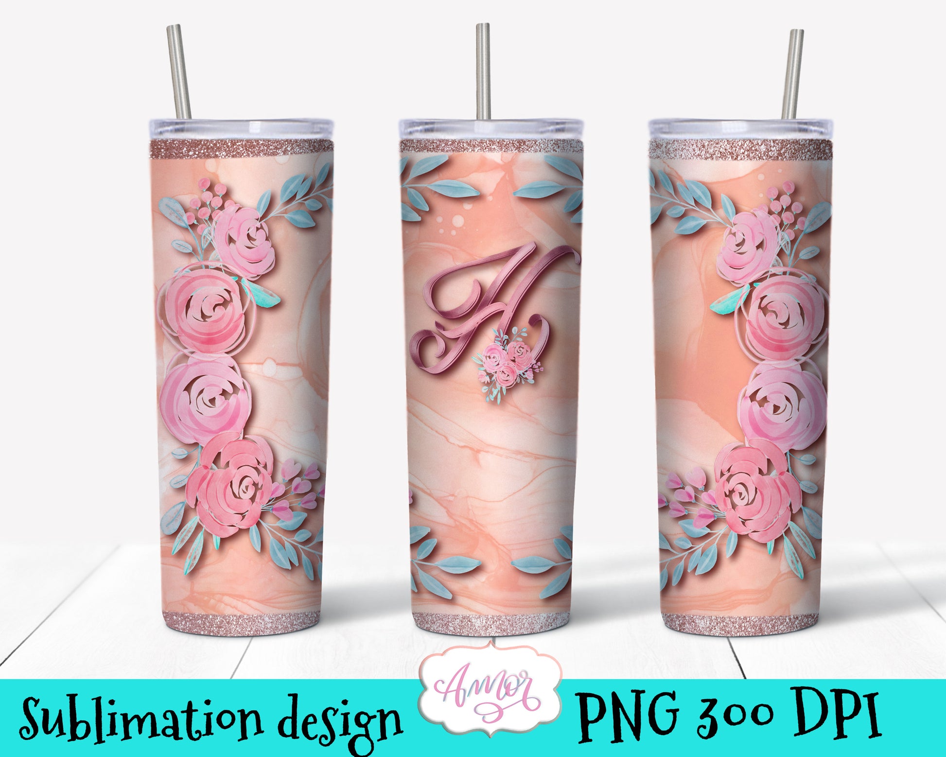 Letter "H" Monogram tumbler wrap PNG design for sublimation