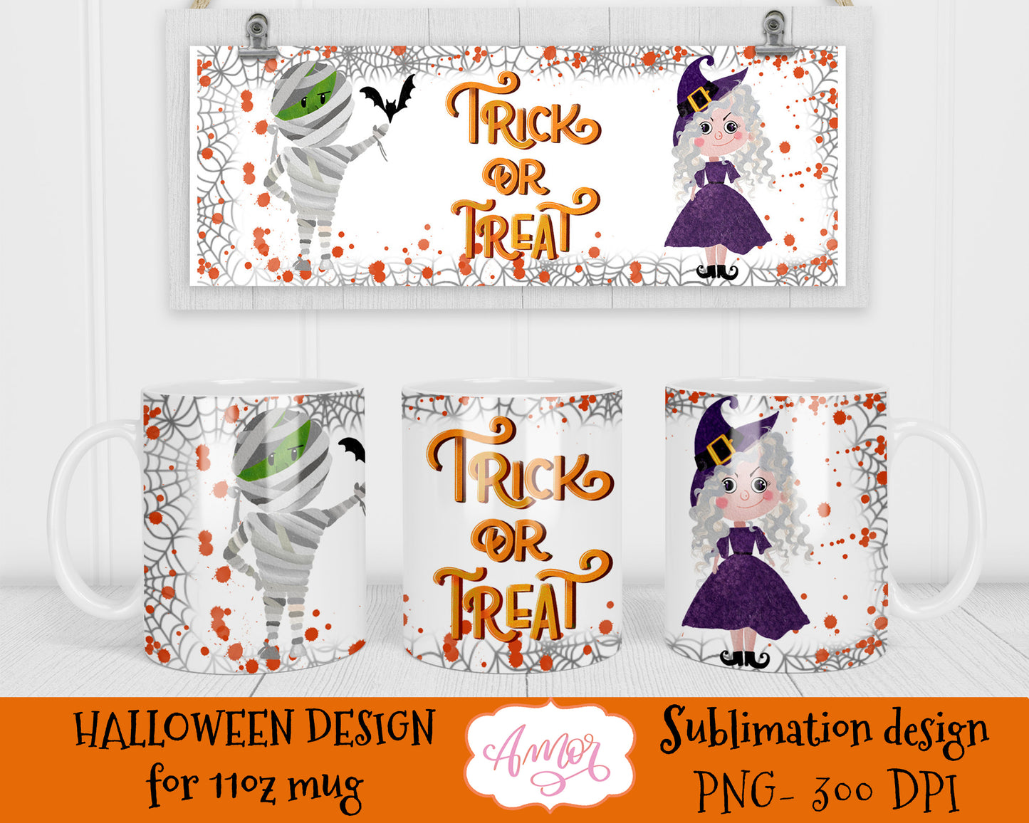 Halloween Mummy and Witch design for 11oz Mug Sublimation