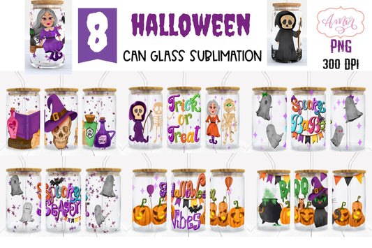 Halloween can glass wrap for sublimation BUNDLE | 8 spooky PNG