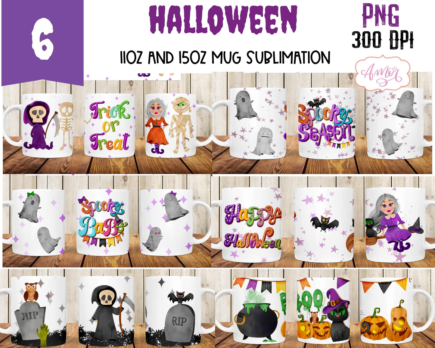 Halloween mug wraps PNG bundle Spooky 15oz and 11oz mug PNG