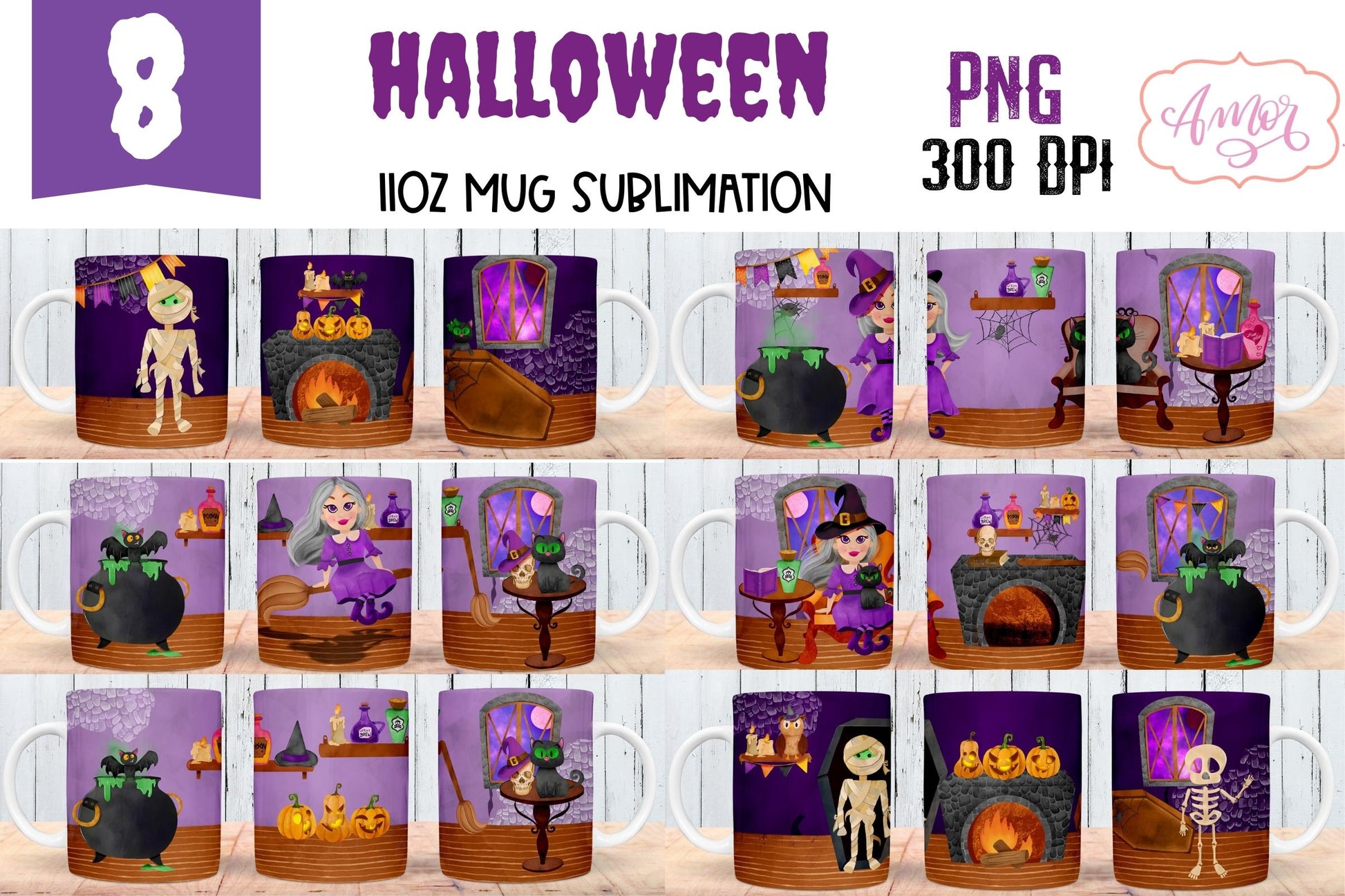 Halloween mug wraps sublimation bundle | 8 witch mug PNG