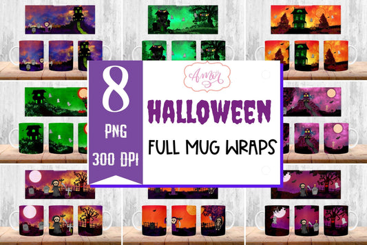 Halloween mug wraps sublimation bundle | 8 Halloween mug PNG