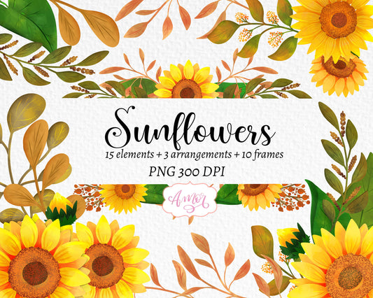 Hand painted sunflower clipartSunflower floral frames PNG