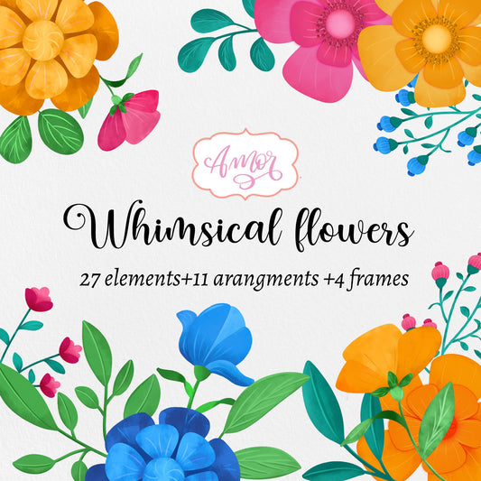 Hand painted whimsical flowers clipart with floral frames