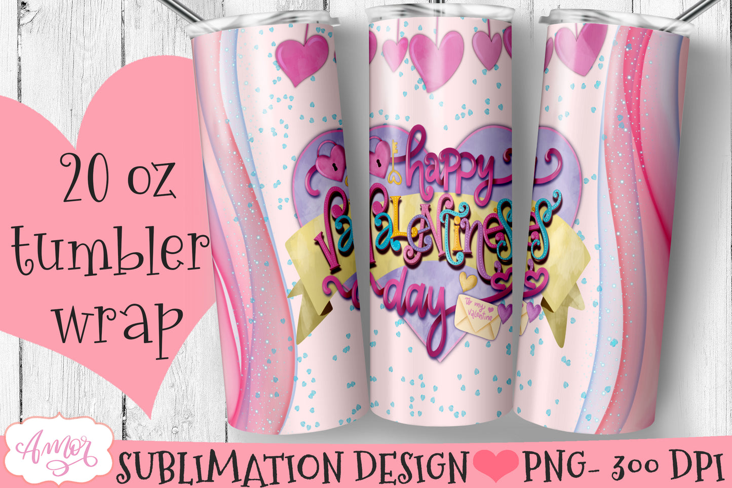 Happy Valentine's day Tumbler Wrap PNG for Sublimation