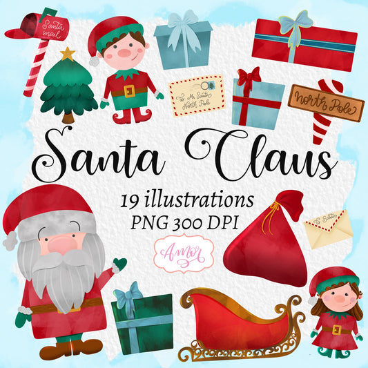 Santa Claus clipart with elves, gifts and a sleigh