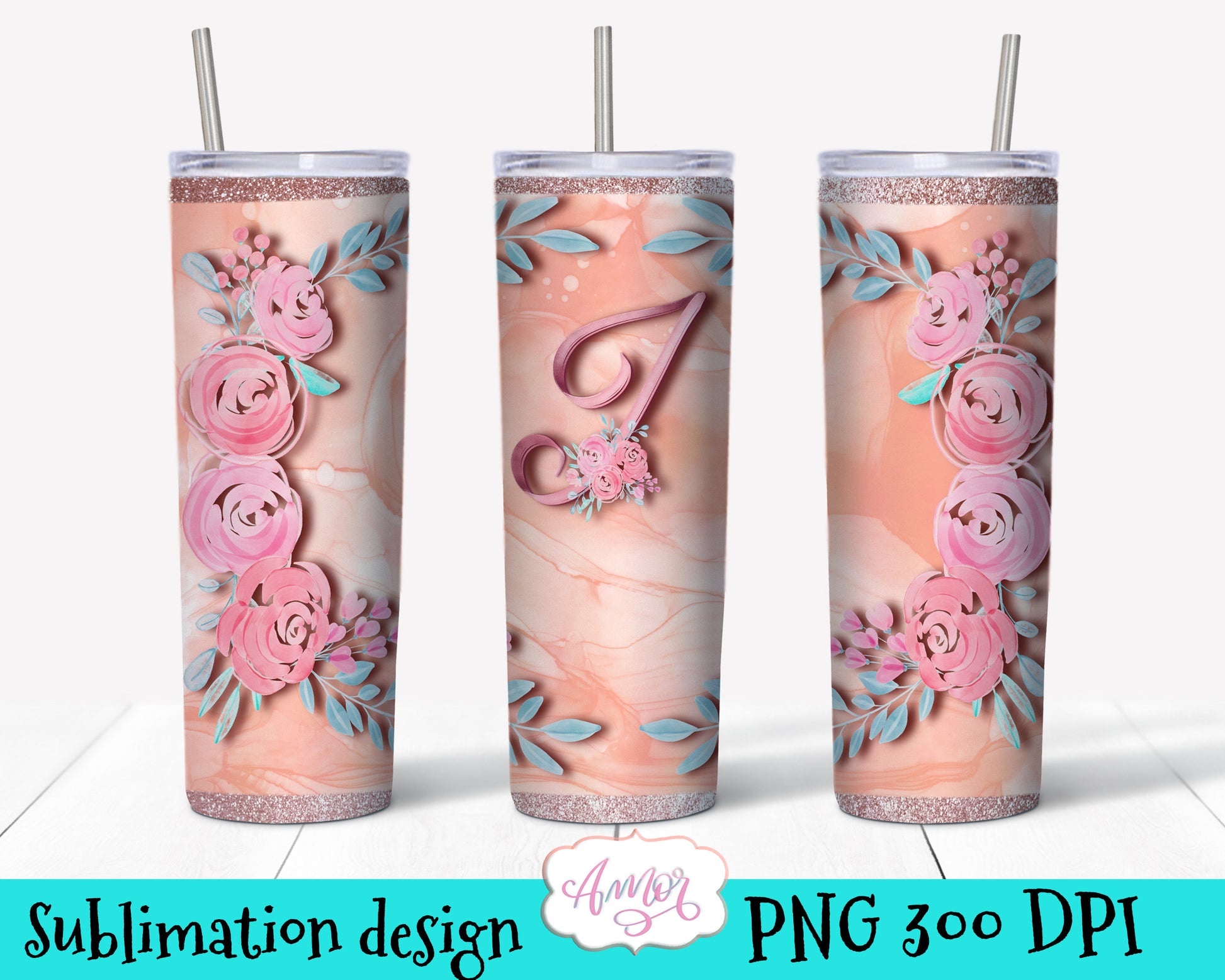 Letter "I" Monogram tumbler wrap PNG design for sublimation