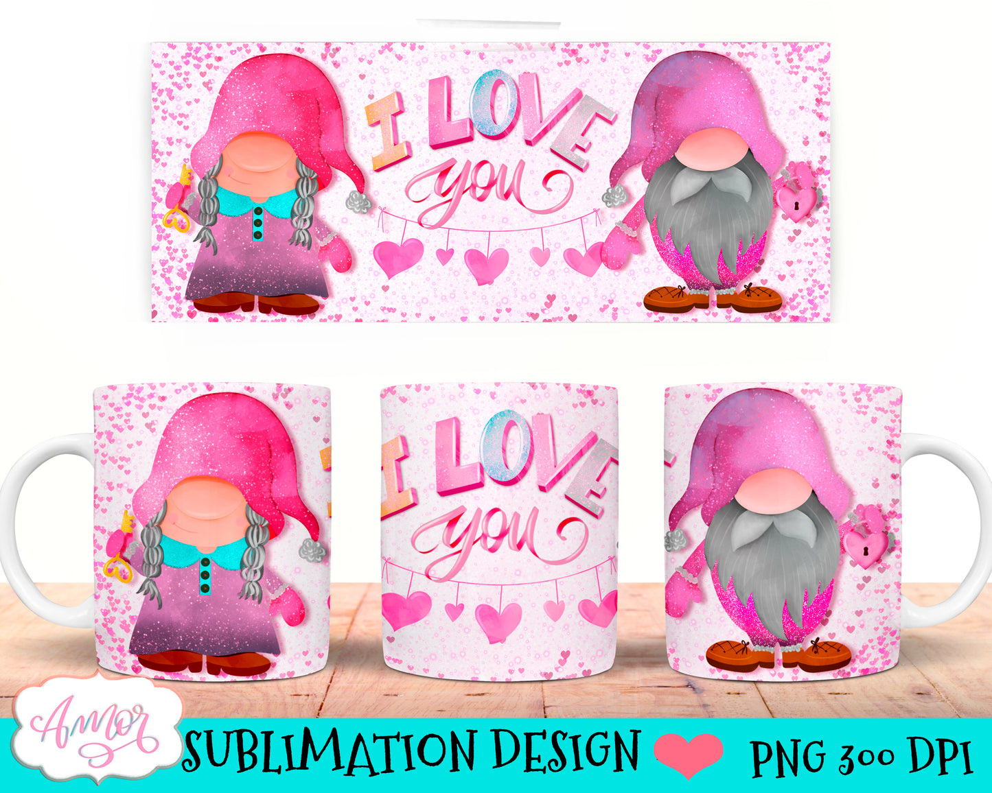 I love you Mug Wrap for Sublimation | Valentine gnomes mug