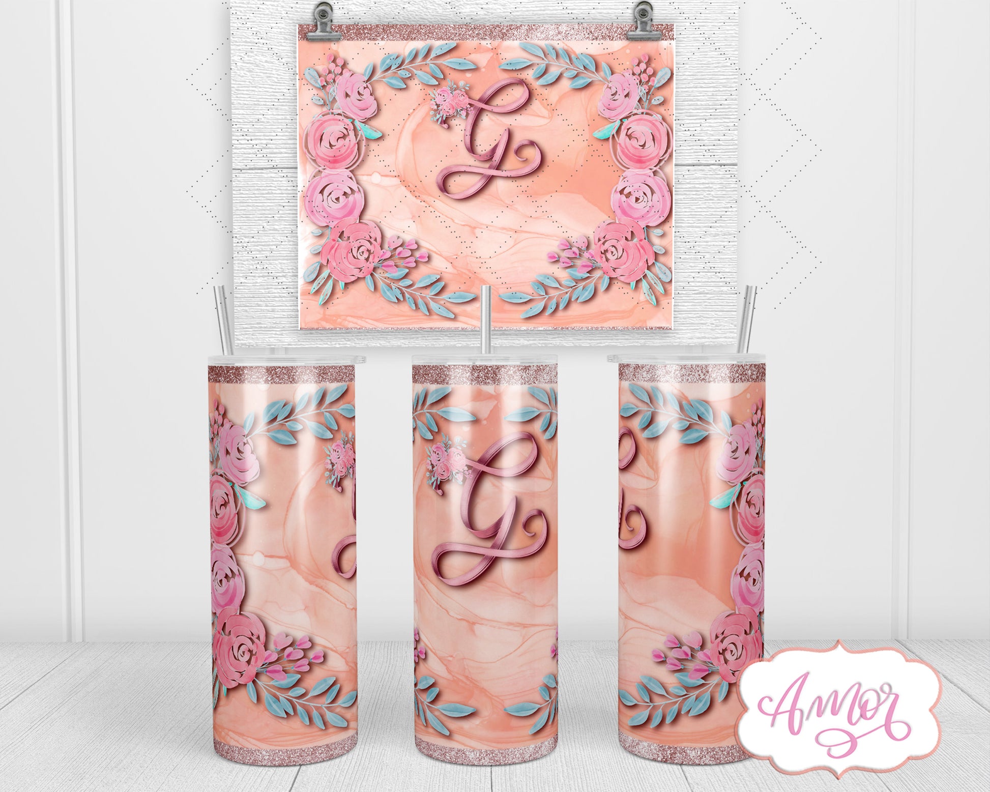 Letter "G" Monogram tumbler wrap PNG design for sublimation