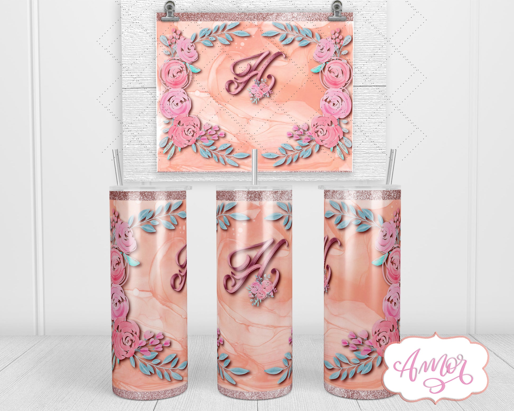 Letter "H" Monogram tumbler wrap PNG design for sublimation