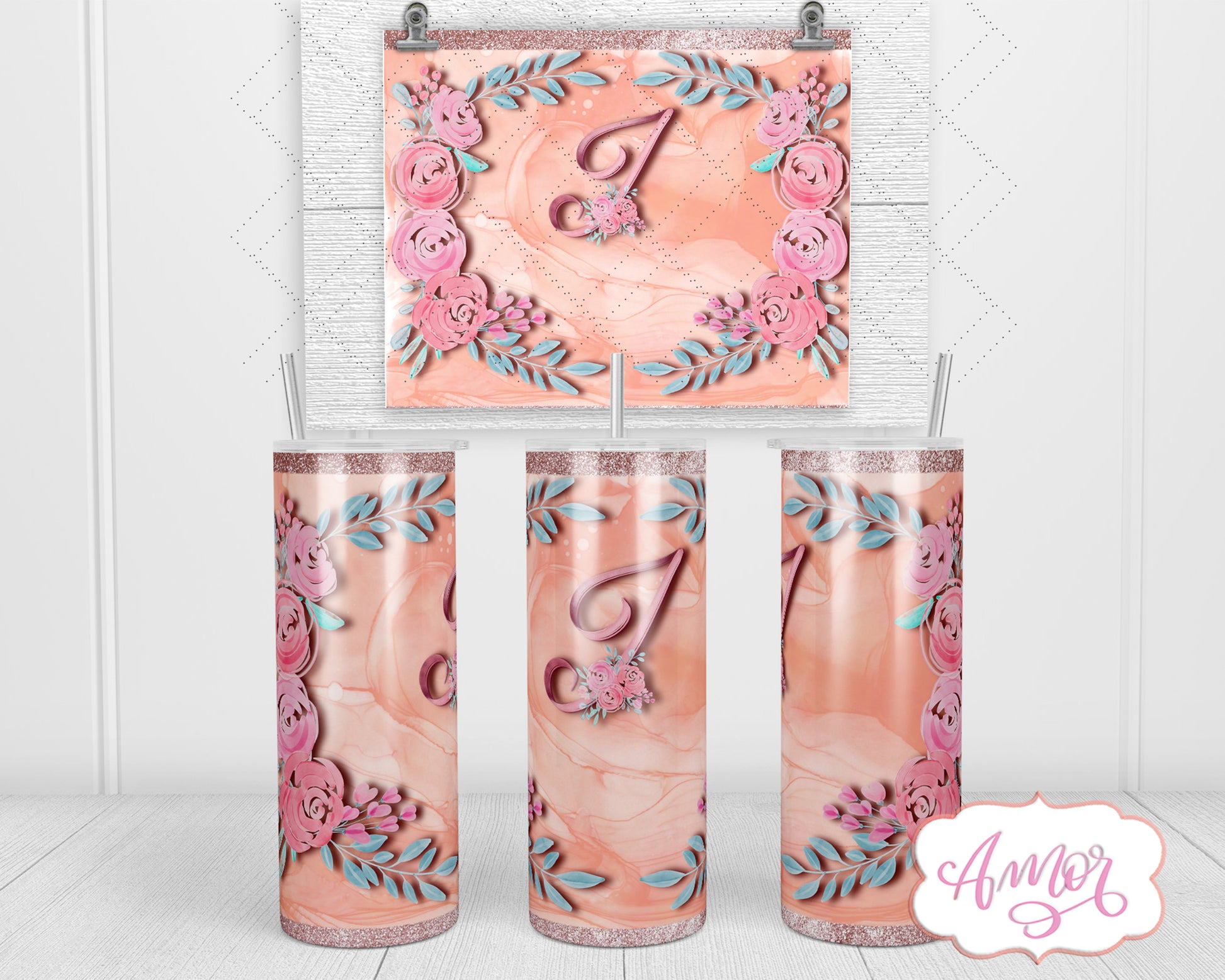 Letter "I" Monogram tumbler wrap PNG design for sublimation