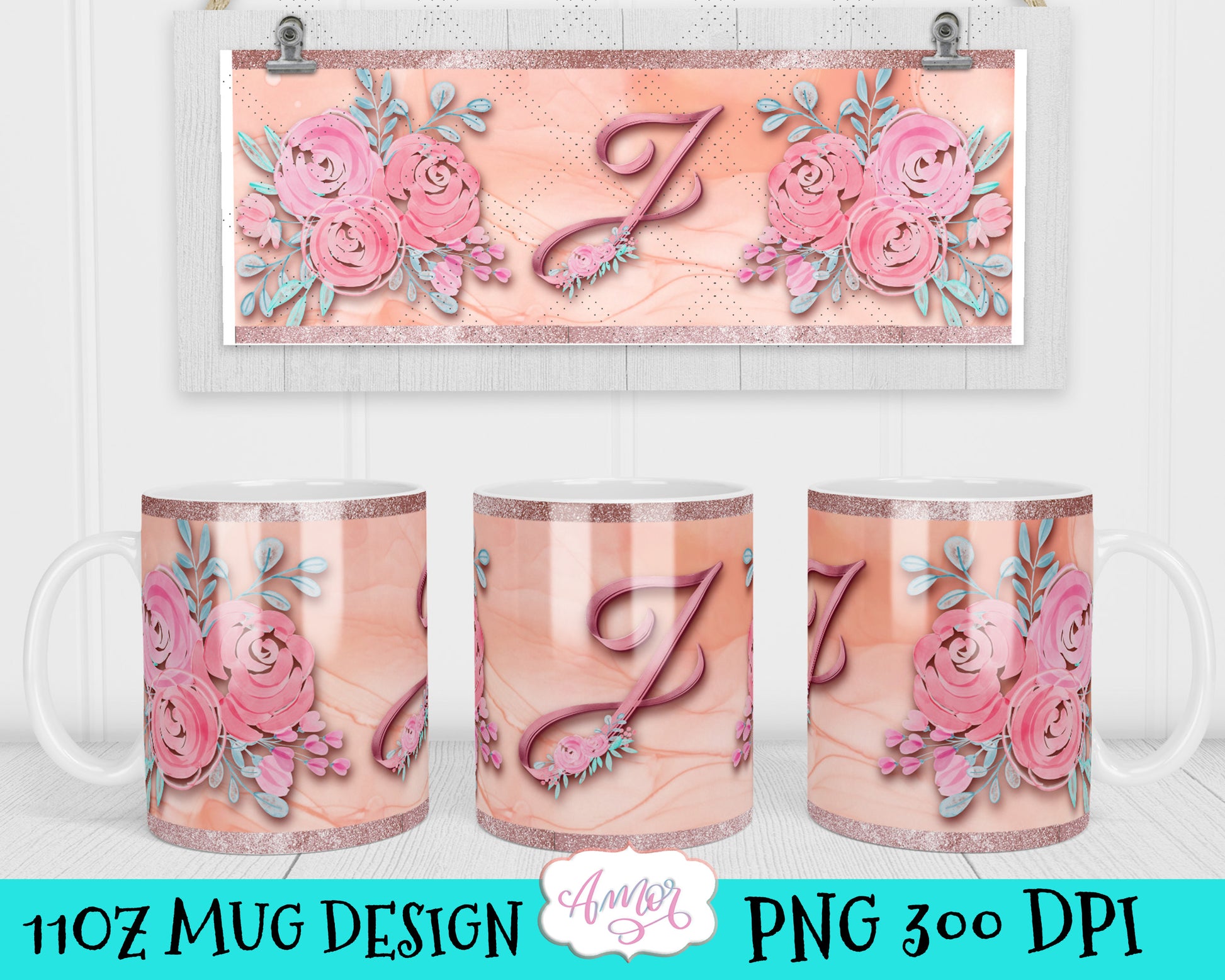 Letter J Monogram mug template for 11oz mug sublimation