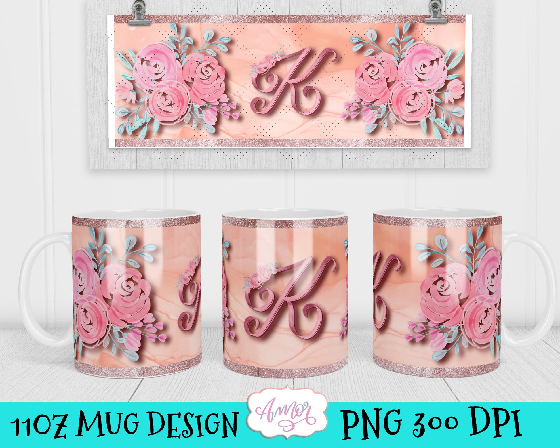 Letter K Monogram mug wrap template for 11oz mug sublimation