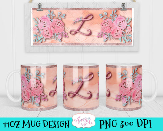 Letter L monogram mug wrap template for 11oz mug sublimation