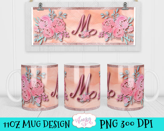 Letter M Monogram mug wrap template for 11oz mug sublimation