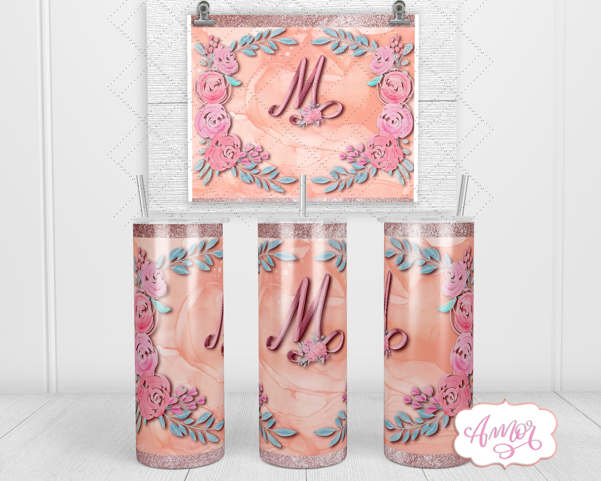 Letter "M" Monogram tumbler wrap PNG design for sublimation