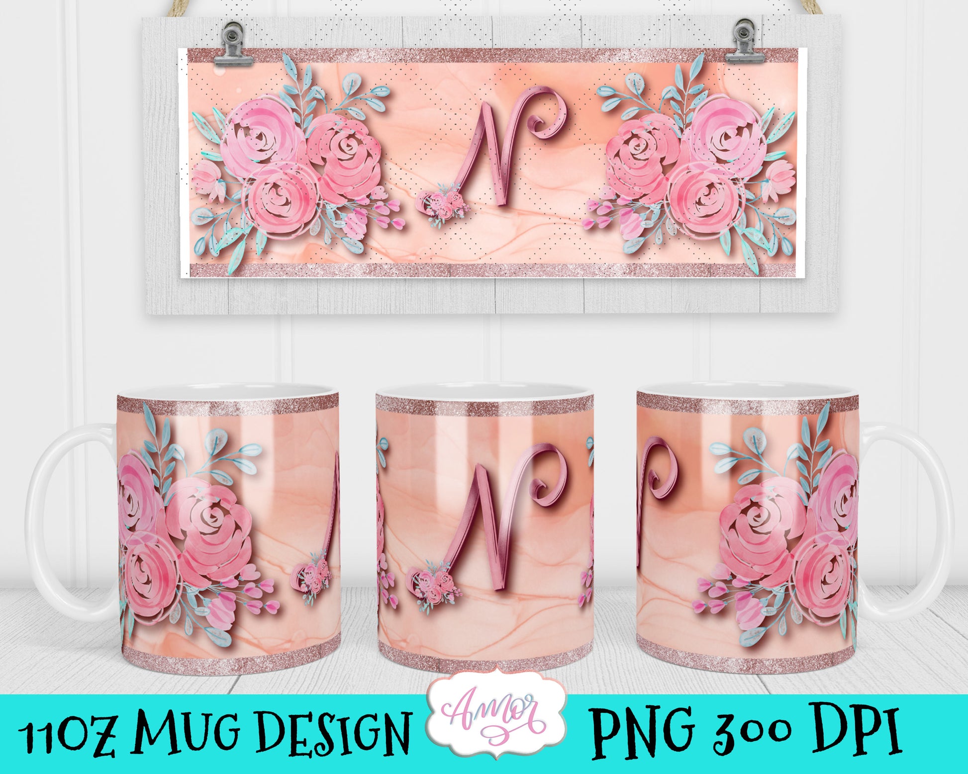 Letter N Monogram mug wrap template for 11oz mug sublimation