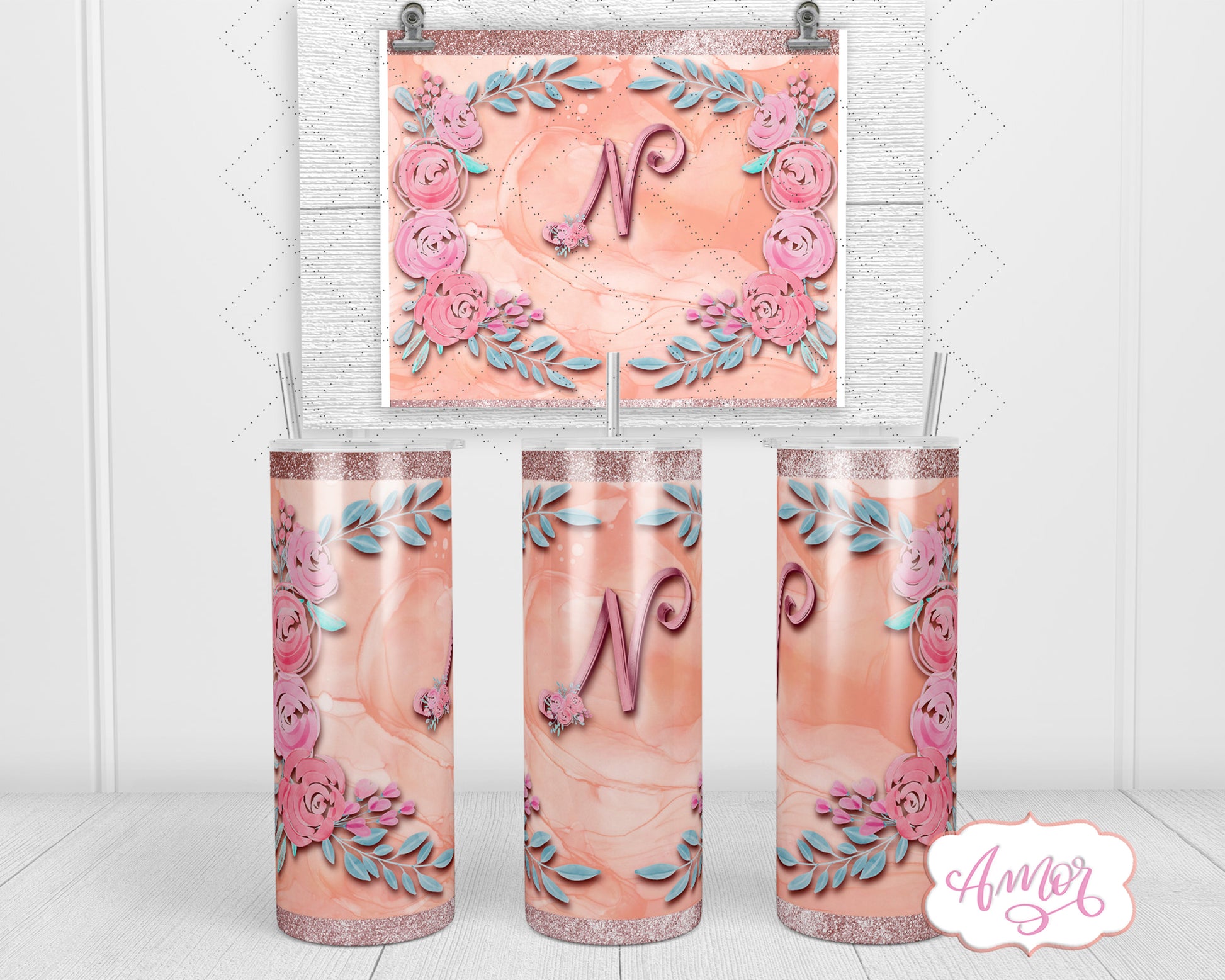 Letter N Monogram tumbler wrap PNG design for sublimation