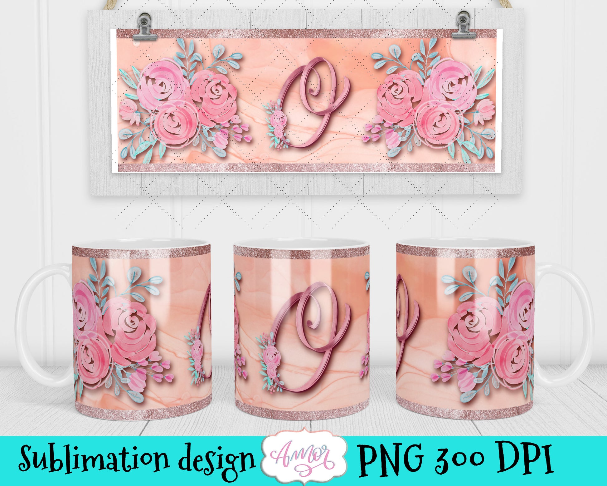 Letter O Monogram mug wrap template for 11oz mug sublimation