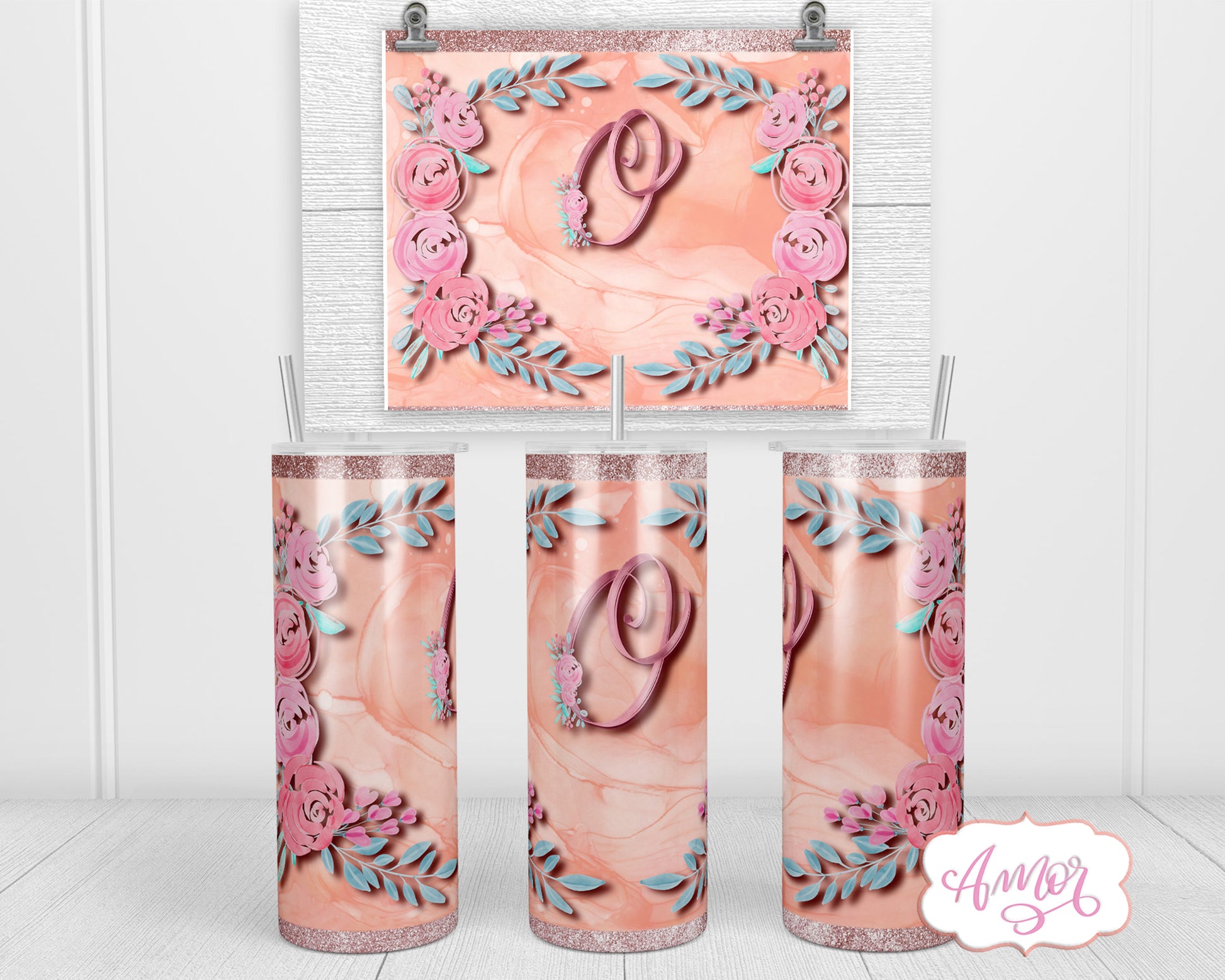 Letter "O" Monogram tumbler wrap PNG design for sublimation