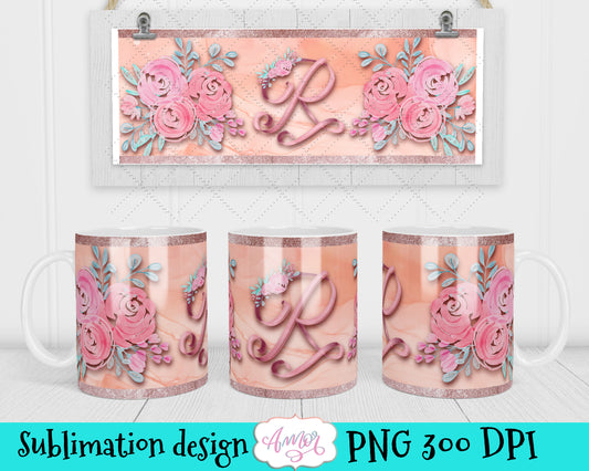 Letter R Monogram mug wrap template for 11oz mug sublimation