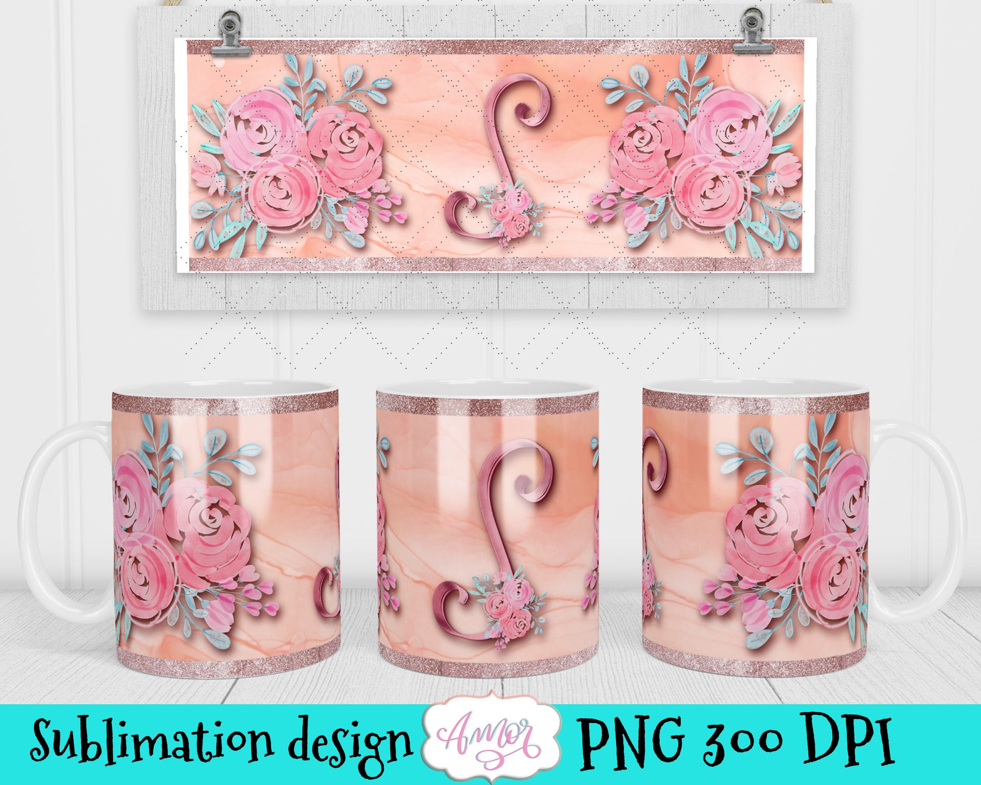 Letter S Monogram mug wrap template for 11oz mug sublimation