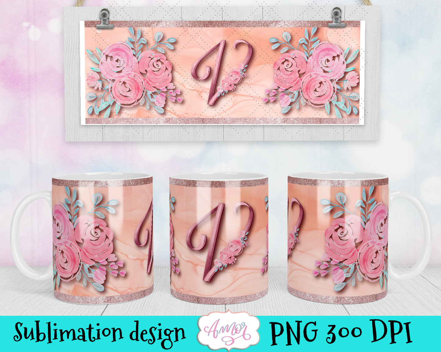 Letter V Monogram mug wrap template for 11oz mug sublimation