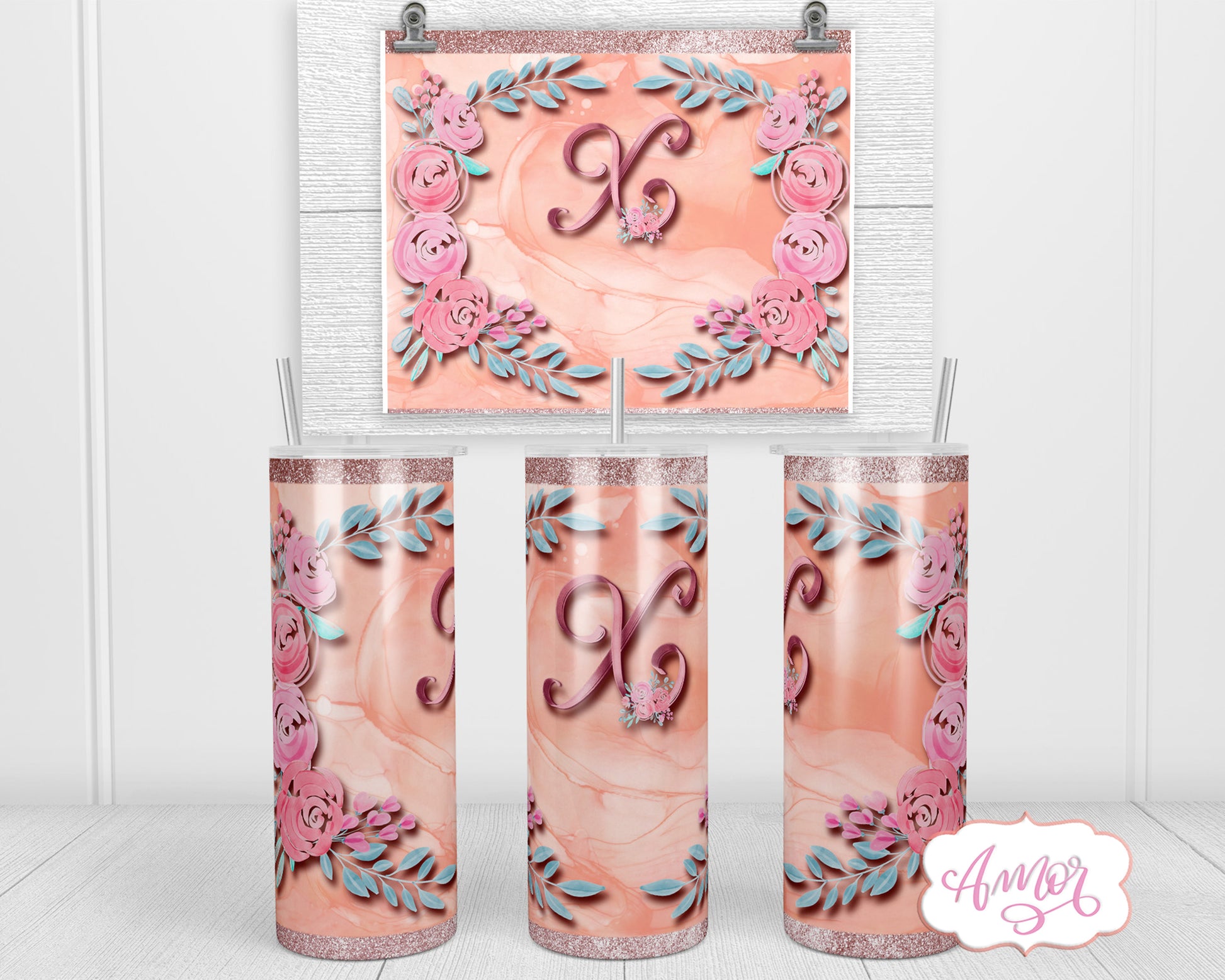 Letter "X" Monogram tumbler wrap PNG design for sublimation