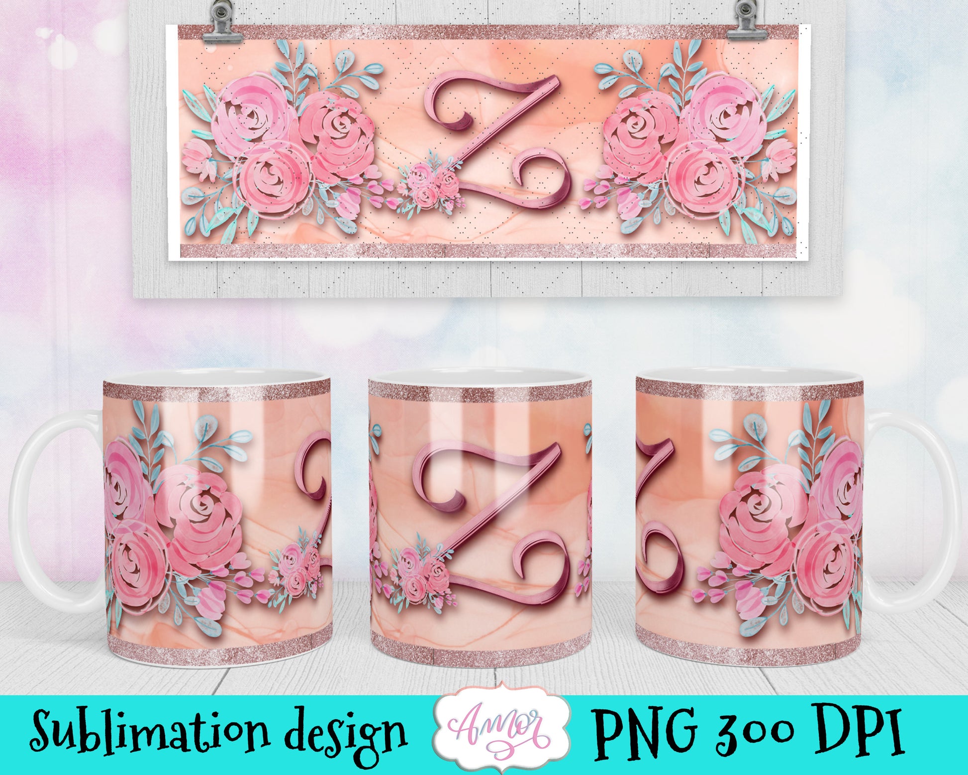 Letter Z Monogram mug wrap template for 11oz mug sublimation